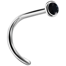 Load image into Gallery viewer, A curved nose stud with a bezel set crystal at the end.
