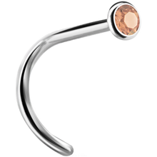 Load image into Gallery viewer, A curved nose stud with a bezel set crystal at the end.
