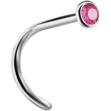 Load image into Gallery viewer, A curved nose stud with a bezel set crystal at the end.
