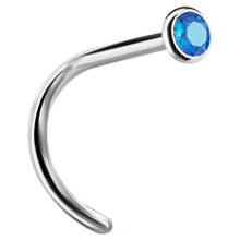 Load image into Gallery viewer, A curved nose stud with a bezel set crystal at the end.
