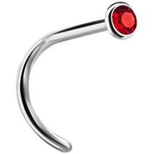 Load image into Gallery viewer, A curved nose stud with a bezel set crystal at the end.

