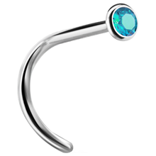 Load image into Gallery viewer, A curved nose stud with a bezel set crystal at the end.
