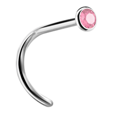 Load image into Gallery viewer, A curved nose stud with a bezel set crystal at the end.
