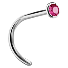 Load image into Gallery viewer, A curved nose stud with a bezel set crystal at the end.
