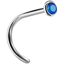 Load image into Gallery viewer, A curved nose stud with a bezel set crystal at the end.
