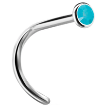 Load image into Gallery viewer, A curved nose stud with a bezel set crystal at the end.
