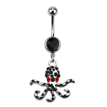 Load image into Gallery viewer, Surgical Steel navel barbell with premium crystal stone and a jewelled octopus dangly 
