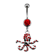 Load image into Gallery viewer, Surgical Steel navel barbell with premium crystal stone and a jewelled octopus dangly 
