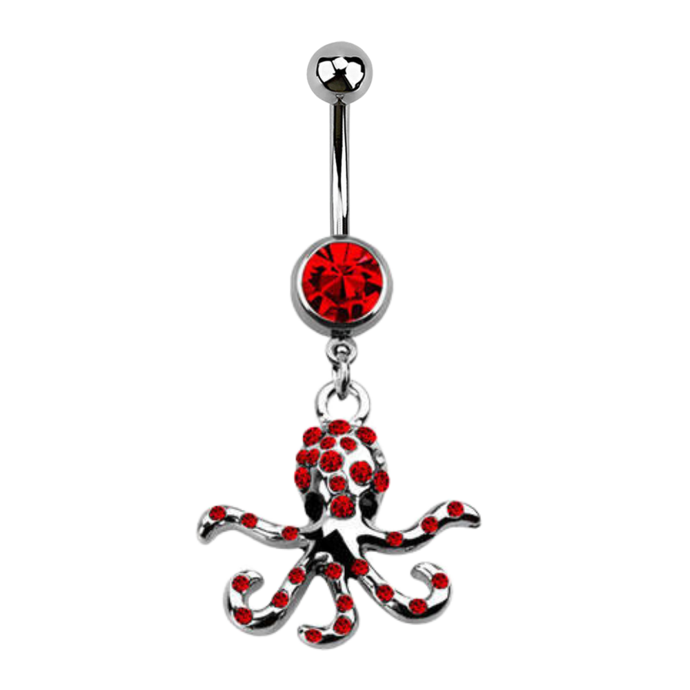 Surgical Steel navel barbell with premium crystal stone and a jewelled octopus dangly 