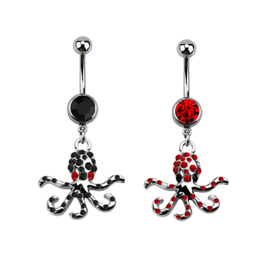 Jewelled Navel Barbell with Dangling Octopus in surgical steel with premium crystal stones 