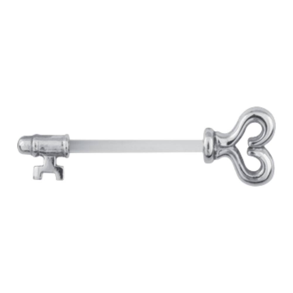 A nipple barbell with surgical steel ends shaped to look like a key with a bioplast barbell 