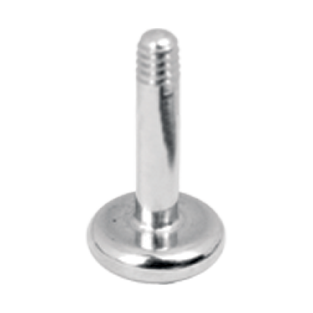 A single labret bar with a flat disc on one side and an externally threaded end on the other