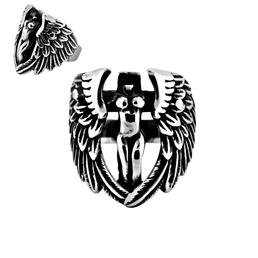 Steel ring with wings and skull design 