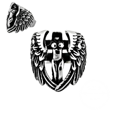 Steel ring with wings and skull design 
