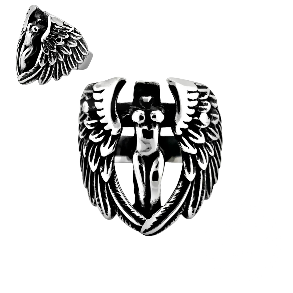 Steel ring with wings and skull design 
