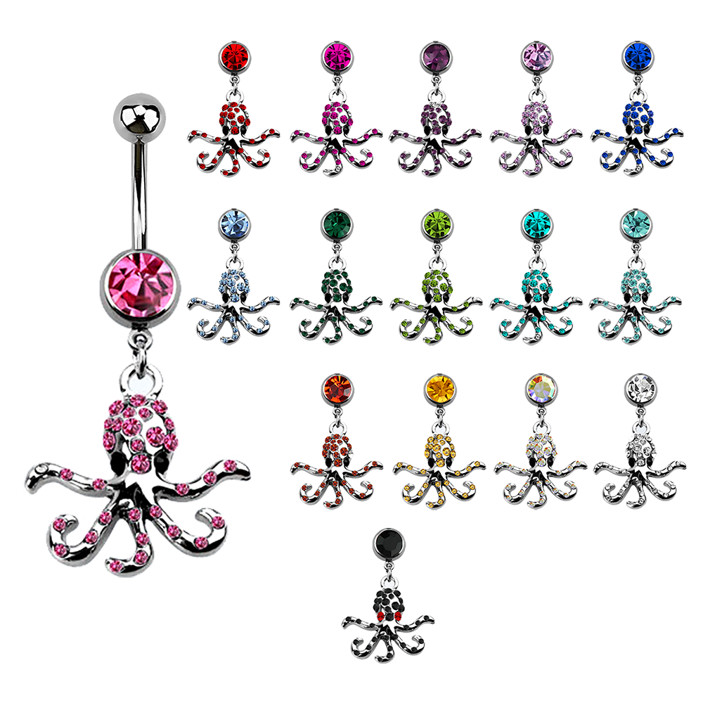Jewelled Navel Barbell with Dangling Octopus