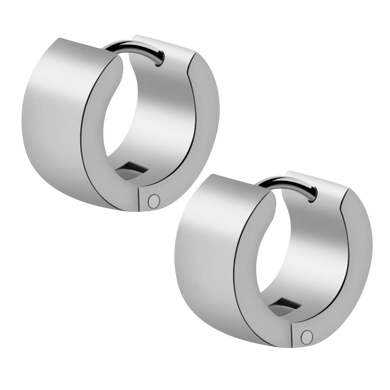 A pair of wide matte stainless steel huggie earrings with flat edge