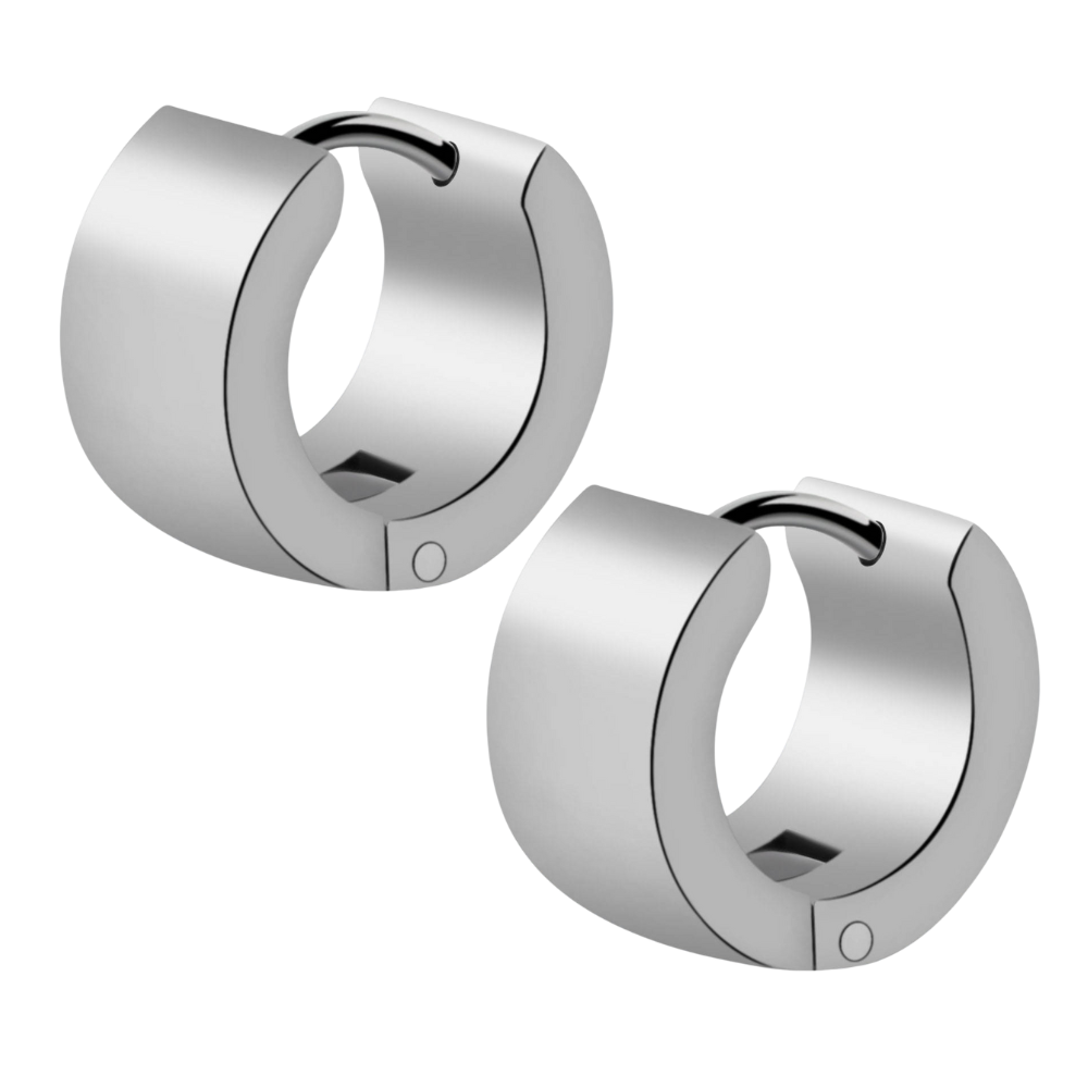 A pair of wide matte stainless steel huggie earrings with flat edge