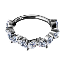 Load image into Gallery viewer, A silver-toned cobalt chrome nickel free ring featuring a row of clear, pear-cut gemstones in a prong setting, isolated on a solid white background.
