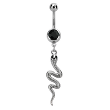 Load image into Gallery viewer, Single jewelled navel barbell with a black premium crystal and a long snake charm
