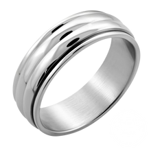 Load image into Gallery viewer, Plain stainless steel spinner finger ring with a ribbed, rotatable middle piece.
