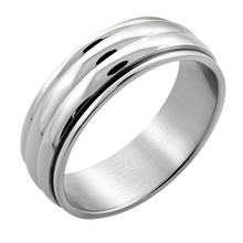 Load image into Gallery viewer, Plain stainless steel spinner finger ring with a ribbed, rotatable middle piece.
