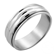 Load image into Gallery viewer, Plain stainless steel spinner finger ring with a ribbed, rotatable middle piece.
