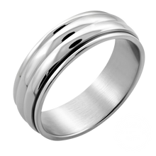 Load image into Gallery viewer, Plain stainless steel spinner finger ring with a ribbed, rotatable middle piece.
