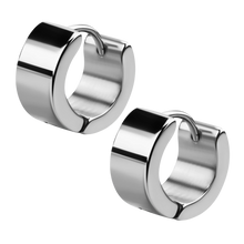 Load image into Gallery viewer, A pair of wide polished stainless steel huggie earrings with flat edge
