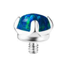 Load image into Gallery viewer, A silver-toned Titanium prong-set lab-created black opal internally threaded attachment. On a white background
