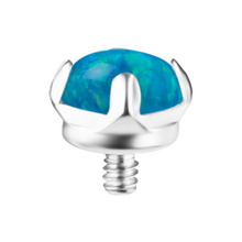 Load image into Gallery viewer, A silver-toned Titanium prong-set lab-created paraiba opal internally threaded attachment. On a white background
