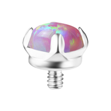 Load image into Gallery viewer, A silver-toned Titanium prong-set lab-created pink opal internally threaded attachment. On a white background
