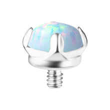 Load image into Gallery viewer, A silver-toned Titanium prong-set lab-created white opal internally threaded attachment. On a white background
