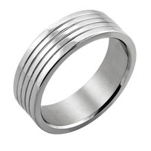 Load image into Gallery viewer, A polished, silver-coloured stainless steel finger band with flat edges and four grooved lines running around its circumference.

