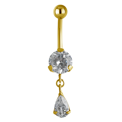 24k gold PVD surgical steel navel barbell with a prong-set cubic zirconia and a dangly teardrop charm
