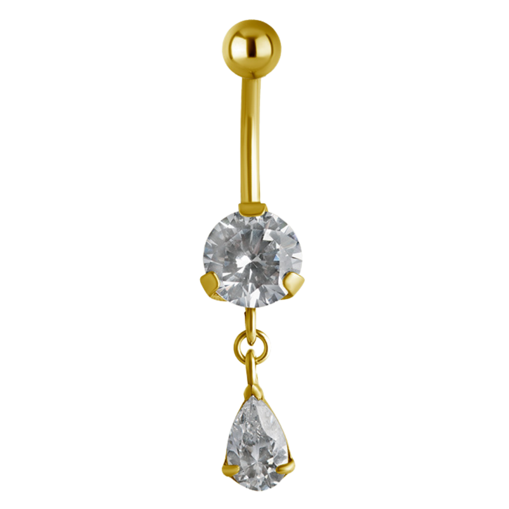 24k gold PVD surgical steel navel barbell with a prong-set cubic zirconia and a dangly teardrop charm