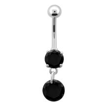 Load image into Gallery viewer, Surgical Steel navel barbell with a black prong-set cubic zirconia and round dangly charm

