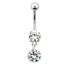Load image into Gallery viewer, Surgical Steel navel barbell with a clear prong-set cubic zirconia and round dangly charm
