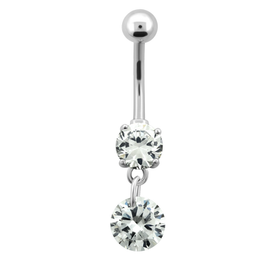 Surgical Steel navel barbell with a clear prong-set cubic zirconia and round dangly charm
