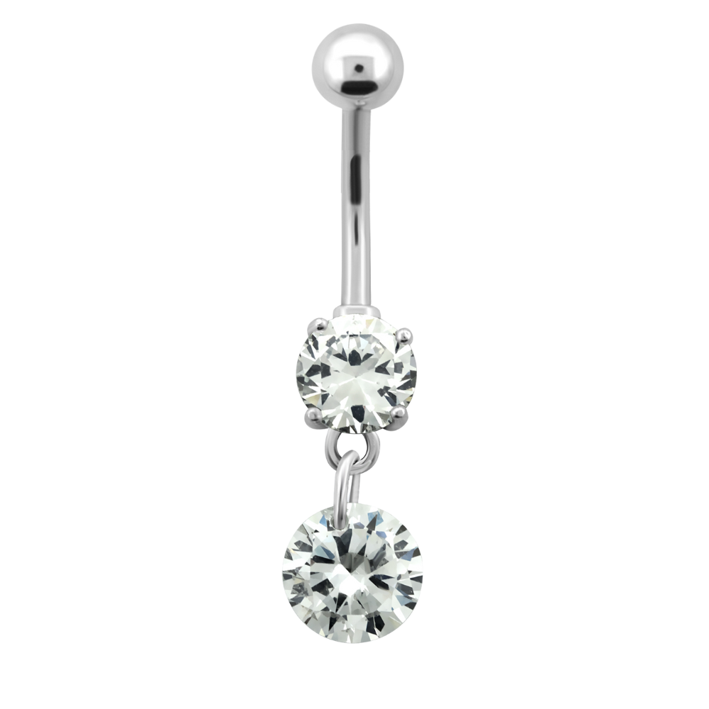 Surgical Steel navel barbell with a clear prong-set cubic zirconia and round dangly charm
