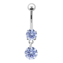 Load image into Gallery viewer, Surgical Steel navel barbell with a lavender purple prong-set cubic zirconia and round dangly charm
