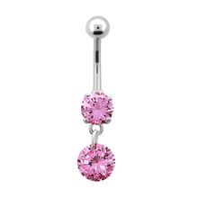 Load image into Gallery viewer, Surgical Steel navel barbell with a rose pink prong-set cubic zirconia and round dangly charm
