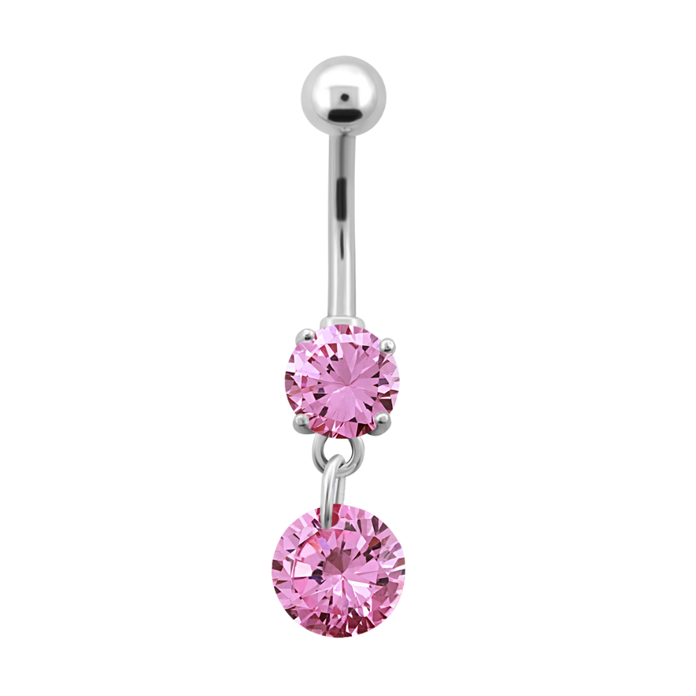 Surgical Steel navel barbell with a rose pink prong-set cubic zirconia and round dangly charm