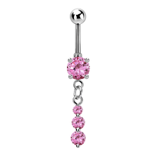 Load image into Gallery viewer, surgical steel navel barbell with prong set rose stones and a triple tapered jewelled dangly charm
