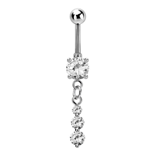 Load image into Gallery viewer, surgical steel navel barbell with prong set white stones and a triple tapered jewelled dangly charm
