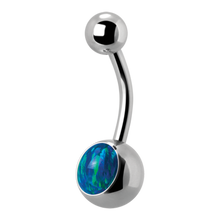 Load image into Gallery viewer, A surgical steel navel barbell with a single black opal set in the lower ball and a smaller plain steel threaded ball on top.
