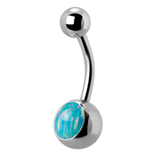 Load image into Gallery viewer, A surgical steel navel barbell with a single light green opal set in the lower ball and a smaller plain steel threaded ball on top.
