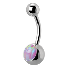 Load image into Gallery viewer, A surgical steel navel barbell with a single pink opal set in the lower ball and a smaller plain steel threaded ball on top.
