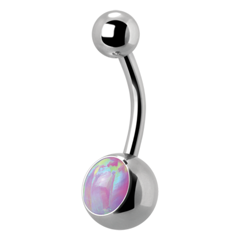 A surgical steel navel barbell with a single pink opal set in the lower ball and a smaller plain steel threaded ball on top.