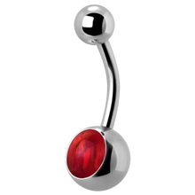 Load image into Gallery viewer, A surgical steel navel barbell with a single red opal set in the lower ball and a smaller plain steel threaded ball on top.

